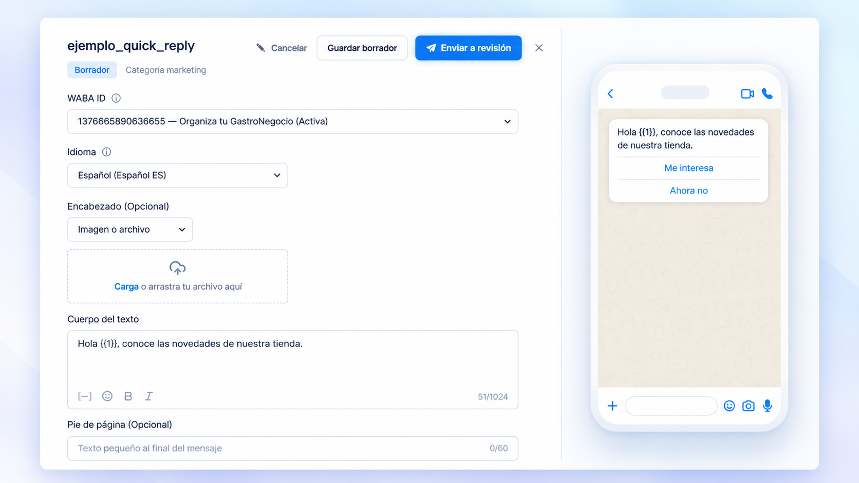 Editor de plantillas WhatsApp de KAVRO PRO con vista previa del mensaje